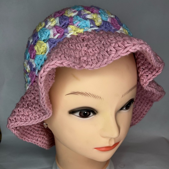 Hand Crafted Accessories - Bucket hat crochet pink multicolor Granny Square design made by seller cotton